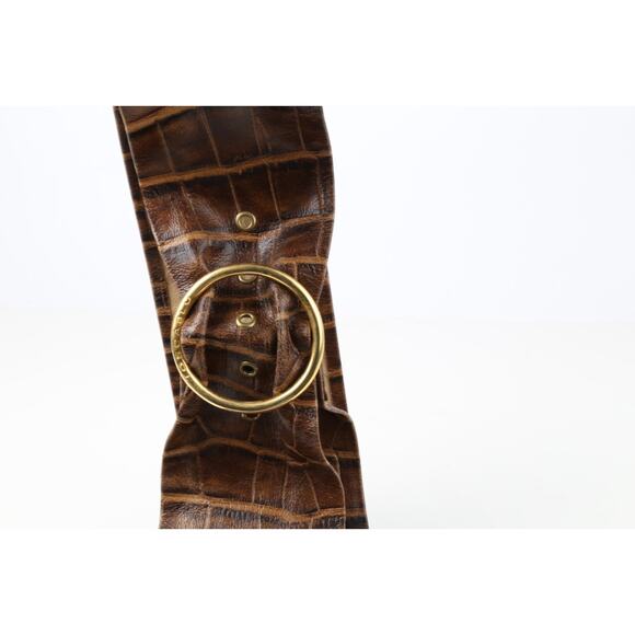 Vintage Croco Print Leather Belt Brown Wide Gold Round Buckle Size S main image 11